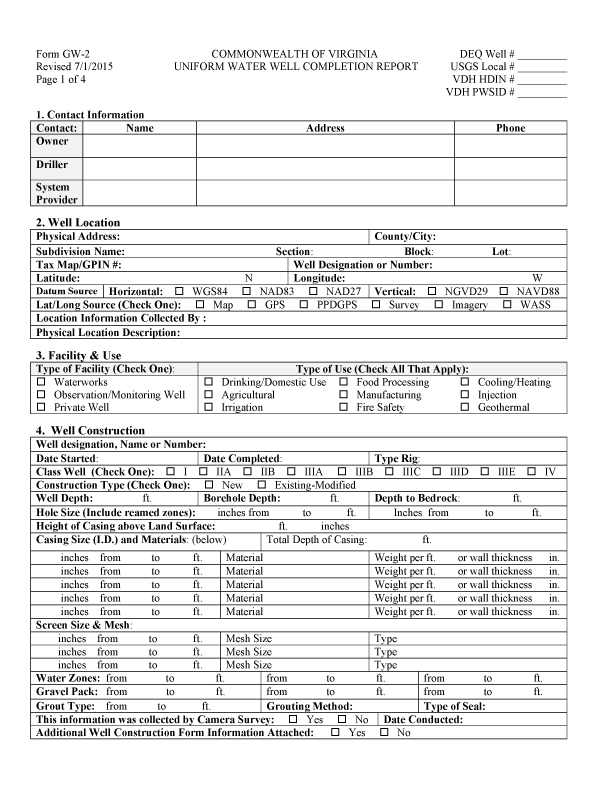 New GW 2 Form DEQ VDH Virginia Water Well Association